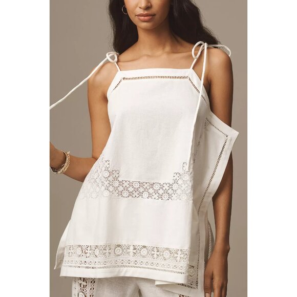 By Anthropologie Tie-Strap Linen Hanky Cutwork Lace Tank M - Picture 1 of 4